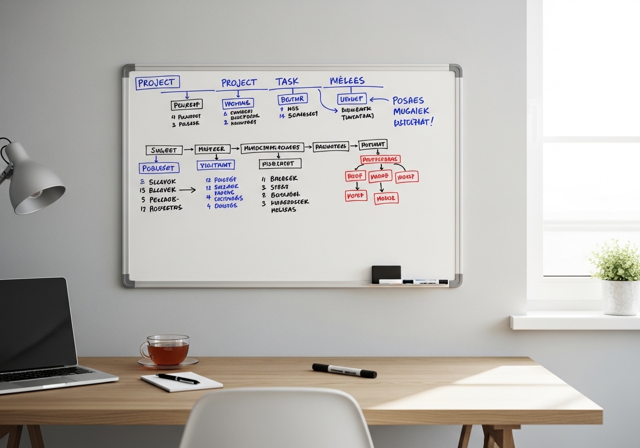 Világos otthoni iroda asztal whiteboard fólia falán